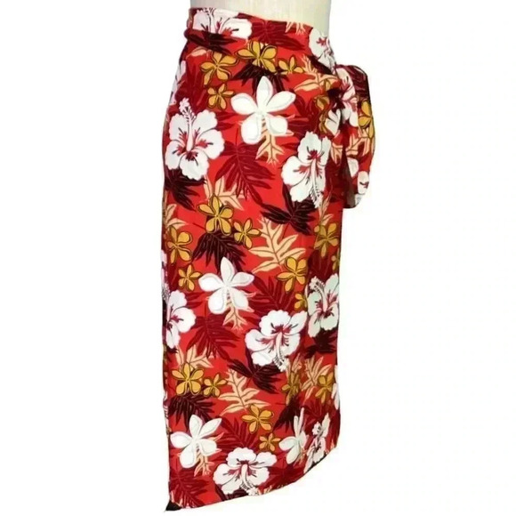 Vintage HIBISCUS COLLECTION HAWAII Wrap Scarf Sarong Red Floral Fringe Beach - Picture 3 of 7